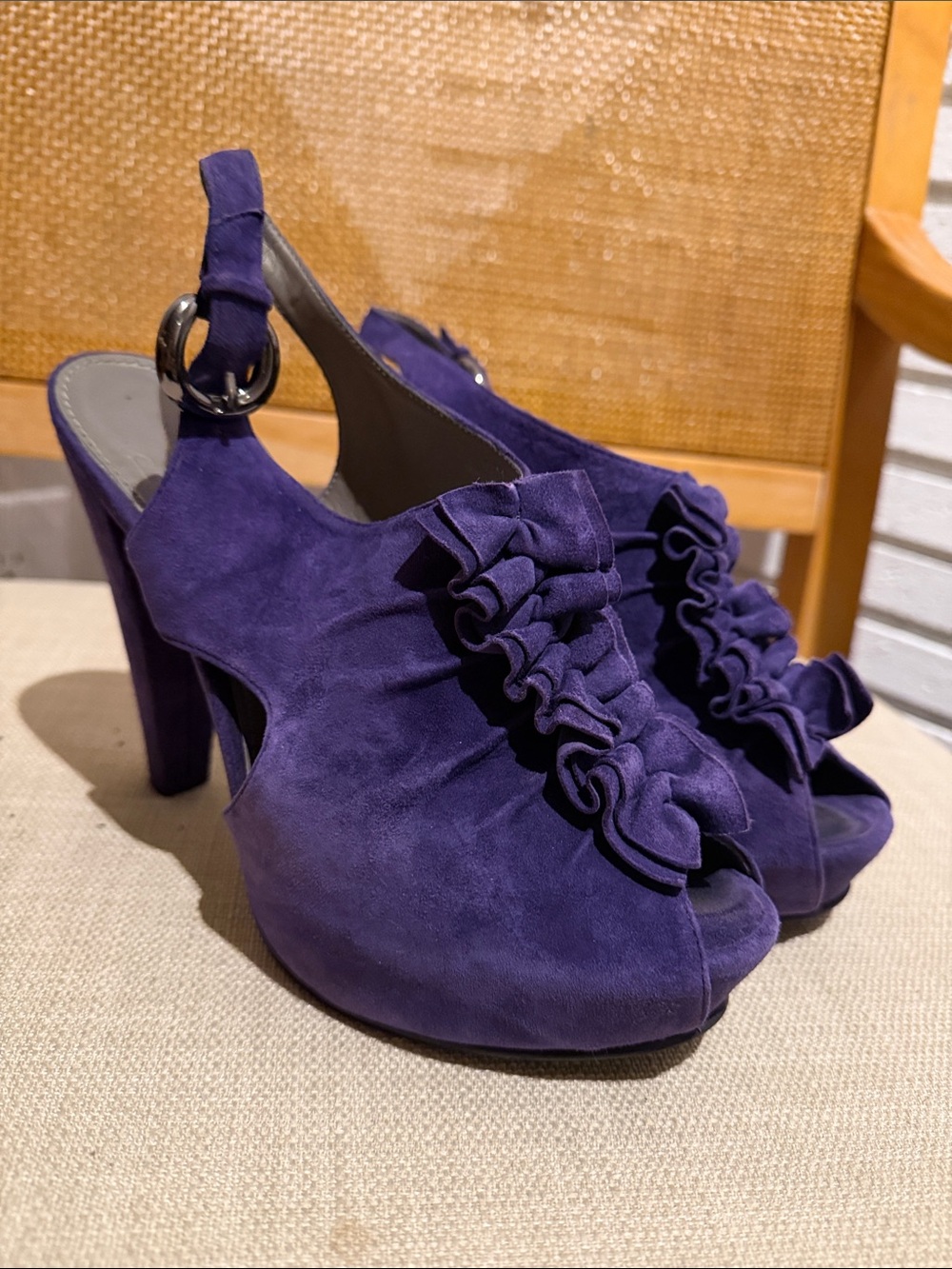 Paolo Suede Ruffle Peep-Toe Slingback Heels - Purple